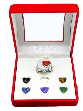 Vintage Sterling Silver Interchangeable Gemstone Filigree Heart Ring Set